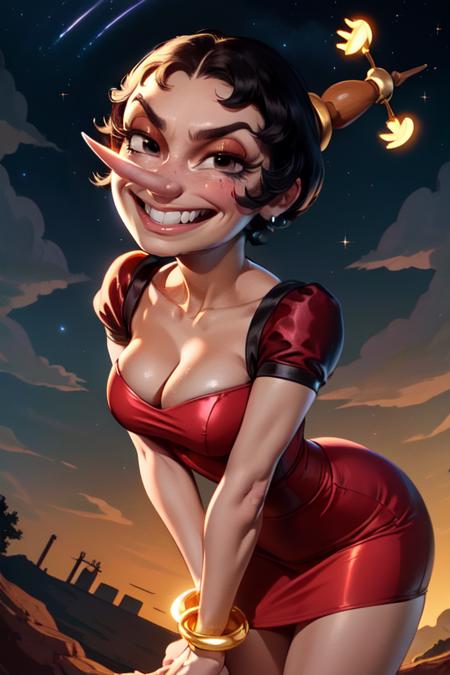 hilda, black hair, short hair,  black eyes,  pointy nose, red eyeshadow, 
red dress, gold  bangle,  head hair ornament,  leaning forward, 
standing,  evil grin, cowboy shot,  from below,  cleavage, 
 nighttime, cloud, 
(insanely detailed, beautiful detailed face, masterpiece, best quality)
 <lora:hildaberg-10:0.8>