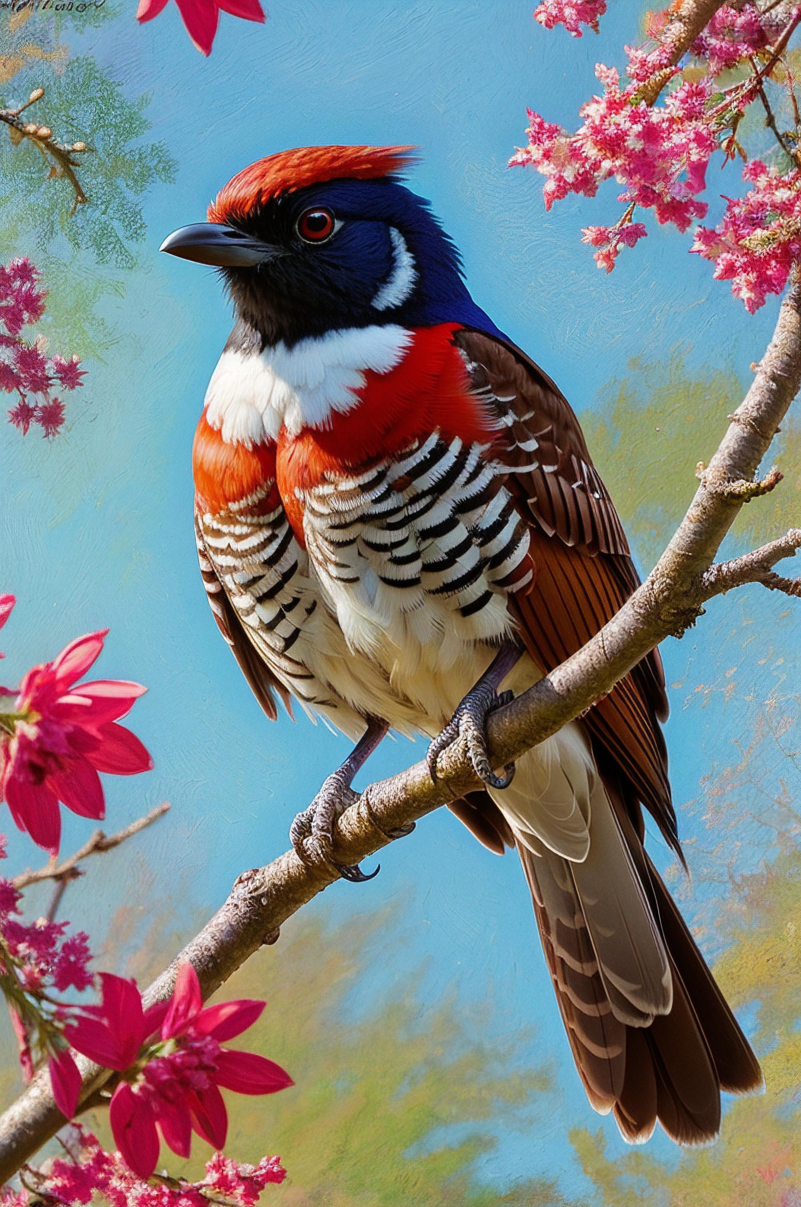 Colorful Bird Perched on Branch with Pink Flowers in Background.