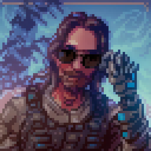 a man with a robotic arm, wearing sunglasses, long hair, light stubble , simple background<lora:svportrait64-v1-000002:0.85>