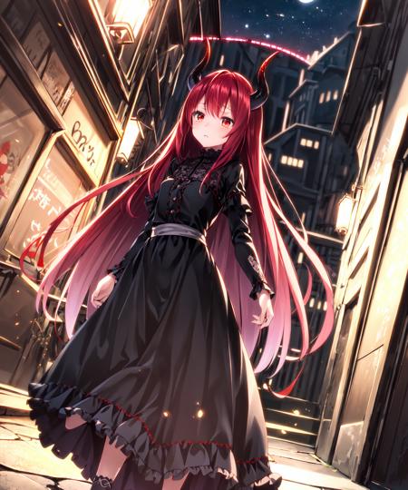 1girl, demon horns, black long dress, frills, lace
standing, red hair, long hair, sad
town, night
<lora:ryosiosV1-04:0.7> ryosios