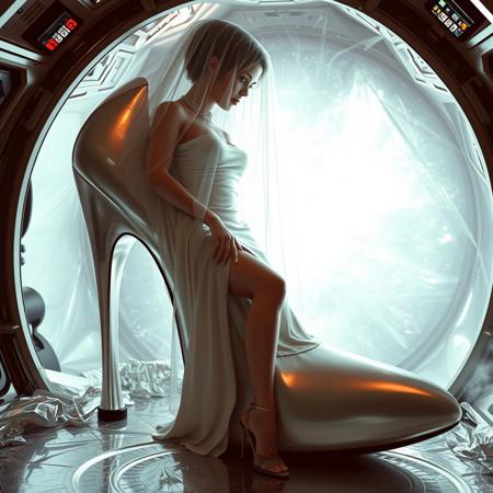 tall slender elegant slavic femme fatal  encased in foil pillows inside  giant glass sleek stiletto shoe ,  veil  covered, under dimension portal to another galaxy , dressed in sexy glossy satin side slit 1950s nightgown ,  lush diamond collar, pefect legs in lace trim stockings and d'orsay high heels, small feets, alien spaceship brainwashing chamber,  inside weird horror alien machine,  horror, forced, restrained, fetish
