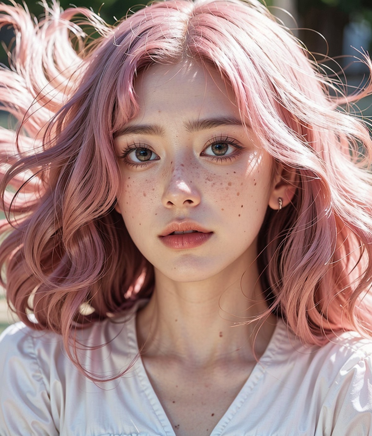 beautiful face, [freckles], large pink voluminous hair 
 <lora:Dreamwave v3:0.5> dreamwave, aesthetic