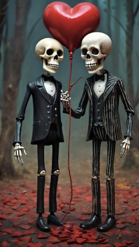 an artists interpretive depiction of a bloody valentine with the text ("TILL DEATH DO US PART":1.5), (a cute macabre adult valentine's day card:1.1), (Kris Kuksi:1.4), (Mark Ryden:1.4), (Gris Grimly:1.4), (Tim Burton:1.3), (Gorjuss:1.1), (by Akira Toriyama:1.5), selective focus, miniature effect, highly detailed, vibrant, perspective control, (two cute happy skeletons blissfully in love:1.1), two gay skeletons, a loving gay skeleton couple in handsome formal wear, victorian, gothic, valentine, romantic, adorable, pastel colors, soft focus and diffused lighting, intricate background detail, digital painting, ultra-detailed, cinematic, macro, mystical, magical, vibrant photography, shimmering light, dreamy, whimsical, serene, soft-focus, hyper-detailed digital art, complex scenery with fine details, breathtaking, extremely detailed oil painting, 8K artistic photography, 8k, professional, highly detailed, cute, skulls, skeletons, cartoon, love, hearts, infinite, eternity, demonic, (nightmare, frightening, doom, terror, horror, sorrow:1.2) el Día de Muertos, Day of the Dead, BREAK (a cute macabre adult valentine's day card with the text "TILL DEATH DO US PART":1.4), ("TILL DEATH DO US PART":1.5) BREAK (Kris Kuksi:1.5), (Mark Ryden:1.3), (Gris Grimly:1.3), (Tim Burton:1.5), (Gorjuss:1.1) BREAK (by Santiago Caruso:1.5)