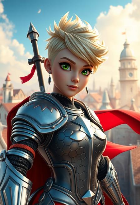Pixar inspired poster, A perfect masterpiece art by pixar disney, sexy hot athletic fit muscular buff female knight, solo, blonde, green cute eyes, very short curly hair, short curly spiked buzz haircut, pompadour haircut, pale skin, medium boobs, wearing scale armor, asymmetrical armor, large left shoulder armor, bracelets, red cape, polearm, from below, magical fantasy city rooftops, magical fantasy city, life-like masterpiece realitic photo, hyper realistic, A photogenic soft scene, digital 4k art, bokeh, depth of field, detailed eyes, 4K, vivid, extremely detailed, perfect anatomy, maximalist, dynamic, absurdres, 8k photography, three point perspective, Ultra-realistic, Hyperrealism