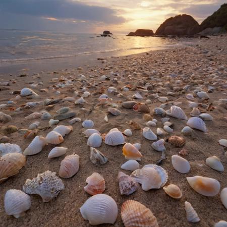 Beach with sunset, phosphorescent rocks powered by light or solar energy, seashells, high definition