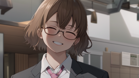 mishimayuzuha, 1girl, solo, pink necktie, solo, glasses, closed eyes, evil smile, teeth