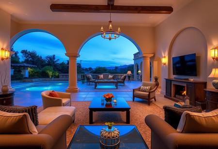 Spanish style villa interior living room view at evening time,camera turn to the left to view the pool in the villa patio with nice landscape