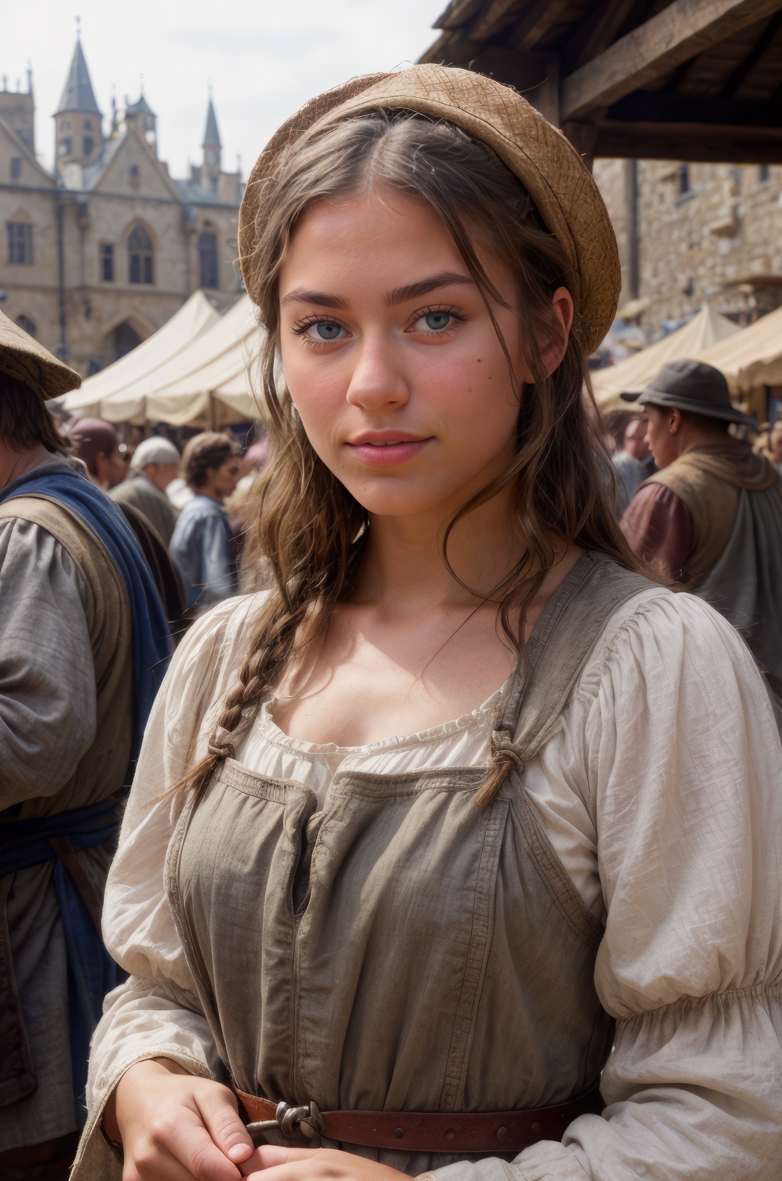 A medieval peasant girl in a crowded medieval marketplace, ultra high quality, real image, realistic, real-life skin, dyna...