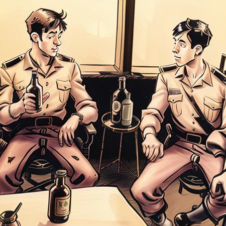 a cartoon picture of two French Foreign Legion soldiers men sitting in a room between them are bottles and glasses on a small stall