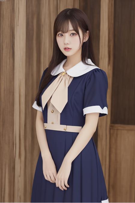 masterpiece,(realistic), highly detailed CG unified 8K wallpapers, (HQ skin:1.2),8k uhd, dslr, high quality, ((1girl in a blue dress with white collar, idol costume, 28 year old, mature face, fullbody, indoor)), dark eyes, beautiful and detailed eyes, (real skin), beautiful skin, attractive, ultra-high resolution, ultra-realistic,high-definition,detailed background <lora:N46costume2019:0.88>