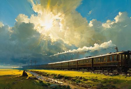 ((masterpiece, best quality, high quality, highres, ultra-detailed)),  ,a moving train <lora:soldart:0.6> <lora:AngelicAI:0.1> <lora:add_detail:1>,, against the background of the a moving train, blue sky, sunny day, epic clouds, (oil painting:0.1),  (best quality, 8K, high resolution, extreme detail, outstanding composition:1.4), art by Jeremy Mann, god rays, dramatic light,   (oxygen-rich air and sheltered atmosphere, , aesthetic of hard - edge painting:0.1),
