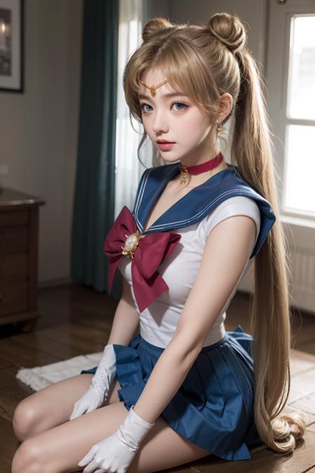 masterpiece, best quality, <lora:smoon-2:1>,sailor moon,1girl, long hair,jewelry, sailor senshi uniform, blue sailor collar,blonde hair, red choker,white gloves, twintails, red bow, blue skirt, blue eyes, hair bun,