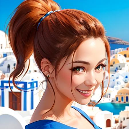 a medium color portrait illustration of a beautiful woman with a tffthairv07illu ponytail wearing a loose flowing blouse with on a (beautiful greek island:1.3) (smiling), masterpiece, best quality <lora:epiNoiseoffset_v2:1>, highly detailed background