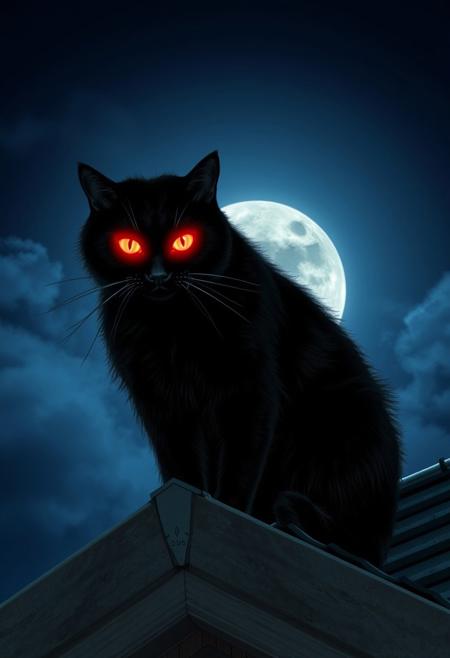 "In the moonlit night, a large black cat is sitting on the roof, and from its eyes, red light is coming out, which looks very frightening."