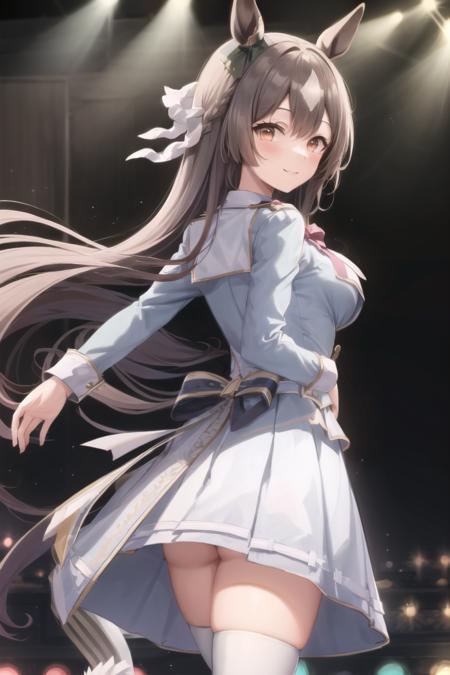 best quality,masterpiece, high res,original, beautiful detailed eyes,ultra-detailed, (Snowy_Integrity), satono_diamond \(umamusume\), long sleeves, bow, bow tie, white thighhighs, white footwear, dress, white jacket, white skirt, pleated skirt, knee boots, 1girl, solo, looking at viewer, standing, smile, breasts, stage, stage lights, lightspot, light, from back, from behind, looking back,
<lora:Snowy_Integrity:0.8:ware> <lora:satono_diamond_lora-000005:0.65:MIDD>