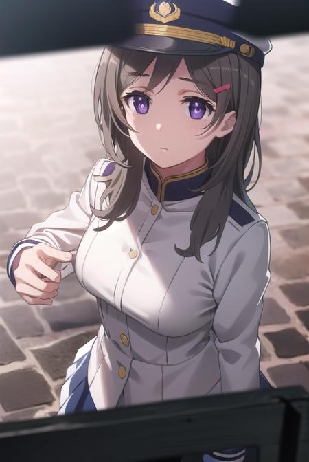 china moeka, long hair, brown hair, (purple eyes:1.1), hair ornament, hat, hairclip, uniform, military, military uniform, peaked cap, naval uniform, (white uniform:1.5),