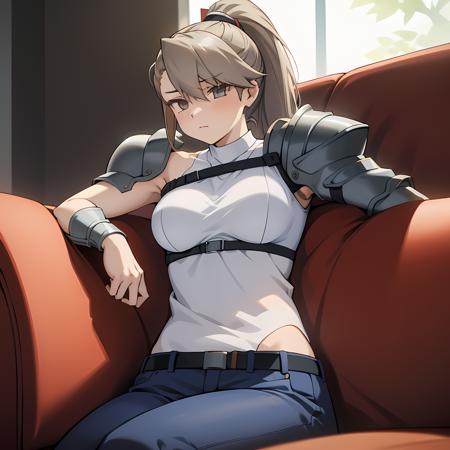 kishi_himeko, 1girl, solo, shirt, bare shoulders, medium breasts, sitting, closed mouth, sleeveless, belt, pants, sleeveless shirt, high ponytail, shoulder armor, pauldrons, armor, living room, couch