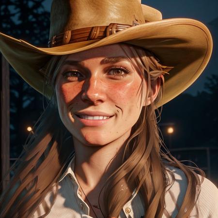 Sadie Adler, 4k, f/1.8, volumetric lighting,  (long, straight hair:1.5), ((brown eyes)), smiling at the camera, wearing a ((cowboy hat)), wearing a white shirt, ((at night))<lora:Sadie Adler:1>