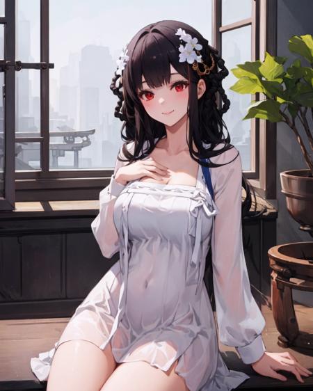 1girl,solo,red eyes, 
yatsen,sitting, hand on own chest, light smile, 
large breasts, white dress,indoor,window, chinese_architecture,
,  <lora:YatSenV3r:0.9>,branch,potted plant,