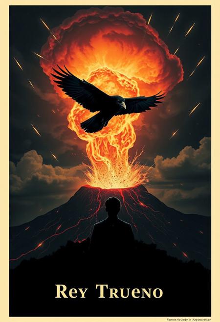 vintage movie poster with black SKY very clean colours, meteors falling from sky, and a black raven flying with wings  like thunders coming out from a volcano erupting ,wind seems like flames, behind a very clear silhouette of man from Tijuana mexico looking to the raven in skt. extremely intricate, stylized and classy concept art, a professional photograph. Detailed Textures, high quality, high resolution, high Accuracy, realism, color correction, Proper lighting settings, experimental art composition
Text "Rey Trueno",