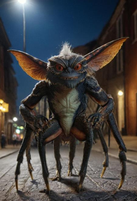 Xgremlinx,(Xvillanx,Xspiderx:1.3),middle body of spider, middle body gremlin, spider gremlin, amazing quality, masterpiece, best quality, hyper detailed, ultra detailed, UHD, perfect anatomy, portrait, hyper-realism, majestic, awesome, inspiring, - portrait in night city street ,  cinematic composition, soft shadows, national geographic style,