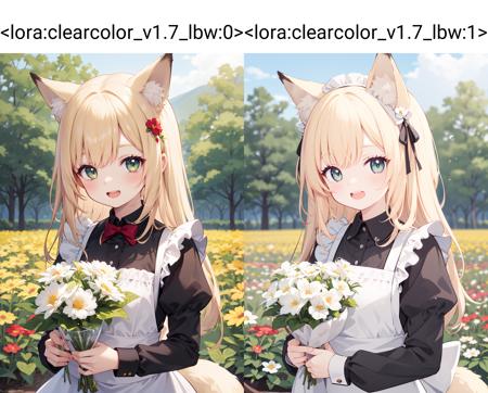 (blonde hair),(kid, child:1),long hair,fox girl,fox tail,green eyes,
maid,enmaided,Flowers on the head,
smile,open mouth,teeth,
holding flower,
upper body,
outdoors,flower field,
<lora:clearcolor_v1.7_lbw:0>,