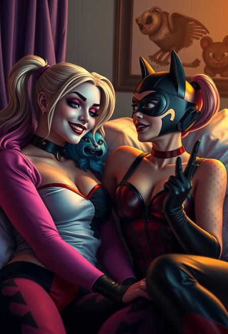 score_9, score_8_up, score_7_up, 4K, UHD
Intricate Details, Amazing Quality, 
Harley Quinn, Catwoman, best friends, sleepover, slumber party,