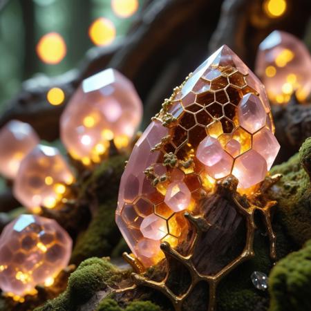 macro photography style, extreme close-up of rose quartz baobab bark texture merging into honeycomb citrine lattice, diamond fireflies as faceted gemstone insects glowing with golden internal light, shallow depth of field blurring distant quartz treehouses, golden speckles refracting through citrine walls, bioluminescent moss clusters on crystal surfaces, hyper-realistic textures, studio lighting with prismatic refractions, photorealistic detail, chromatic aberration accents, gemology-inspired precision, shallow DOF, 100mm macro lens, 8k sharpness