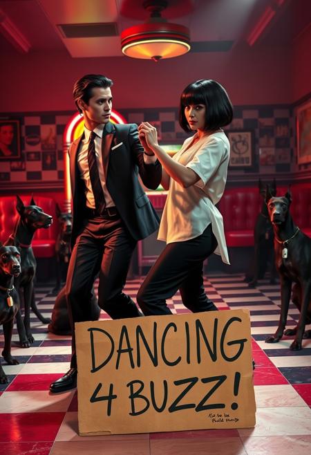Create a highly realistic image of a dance scene inspired by “Pulp Fiction,” with a distinctive twist. The setting is a 1950s diner with black-and-white checkered floors, red vinyl booths, and neon lights casting a warm, nostalgic glow. A vintage jukebox adds colorful light in the background.
In the foreground, two characters are mid-dance: a man with slicked-back dark hair in a sharp black suit, white shirt, and skinny tie, and a woman with a sleek black bob haircut, wearing a white blouse and black pants. They strike a lively, playful pose.
Prominently in front of them is a large cardboard sign, almost stealing the spotlight. The sign reads “DANCING 4 BUZZ!” in bold, hand-drawn letters, with a worn, DIY appearance. The cardboard, slightly creased and smudged, adds a quirky, humorous element to the scene.
Surrounding the dance floor are several dobermans with sharp, realistic features and glowing red eyes, their tense postures creating an eerie, surreal contrast to the vibrant dance. The prominent cardboard sign in the foreground blends humor with the intense, otherworldly atmosphere, making the overall image vividly real yet unsettling.