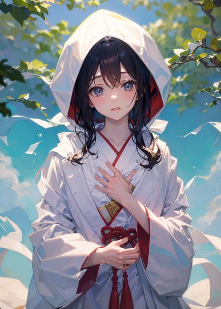 masterpiece,1girl, shiromuku,white hood,white kimono,hands on own chest,