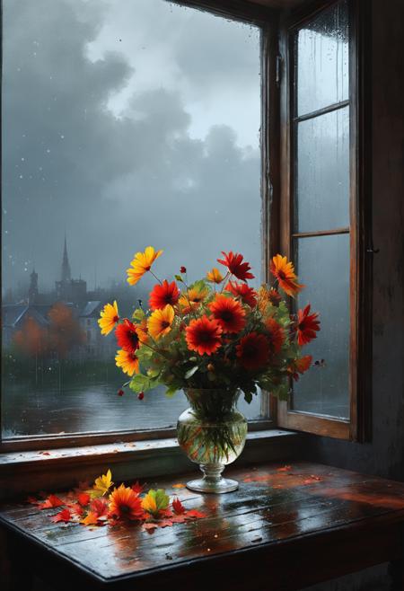 (masterpiece, best quality, hyper detailed, ultra realistic, 32k, RAW photo) Flora, A bouquet of autumn flowers without a vase lie on a table near the window, small autumn leaves of red and green colors are falling outside the window, windy, rain on the glass, highly detailed 3D image, close-up, watercolor painting in bright but soft tones, background - evening sky, evening, perfect composition and chiaroscuro by Rembrandt, concept art, by Jarek Kubicki, by Raphael Lacoste, John Pitre, Karine Eibatova, by Ralph Blakelock, by Julie Bell, by Jim Warren, by Aleksey Savrasov, <lora:Desolation:0.3>