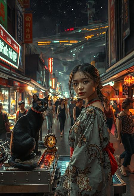 Setting is a futuristic cyberpunk street market at night, the market is comprised of street vendors selling robot parts, food, weapons, and robots. People wearing futuristic cyberpunk clothing are walking through the street market shopping and eating, A sleek black cat with red collar sits on a cluttered metal riveted desk with transparent top and micro-LED lighted computer components visible inside, On the desk is an ebony and gold maneki neko statue and futuristic art deco lighting, (((a beautiful woman, 24 years old, is standing in the foreground FACING THE VIEWER, she has an expression of interested curiosity)))))), the sleek black cat with red collar is sitting on the desk and watching the people walking by in the busy street market, the woman is dressed in futuristic cyberpunk Japanese style yukata with a plunging neck line alluring but Japanese classic aesthetic. An enormous art deco inspired starship with futuristic lighting and an enormous space station are visible in the background among the stars, The woman's hair is elegantly tied up with a ribbon. Artistic cyberpunk, dynamic perspective, (((overall architectural aesthetic is Art Deco Cyberpunk))).  Epic image that elicits a feeling of wonder and awe,