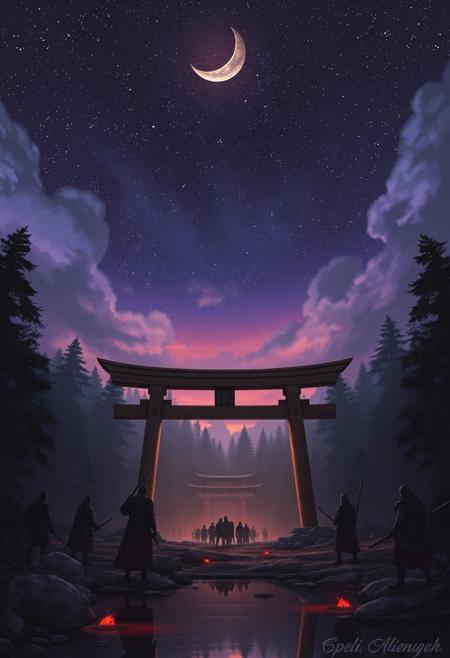 in the heart of a vast, ancient forest, a magnificent wooden torii gate stands tall. it serves as the entrance to a hidden temple nestled among the trees and rocks. the sky above is dark, but not with the quiet serenity of night. instead, it's a canvas painted in hues of purple, orange, and blue by the fiery dance of a battle raging beyond the gate. a group of skilled warriors has gathered at the entrance, their faces etched with determination. they have come from far and wide, drawn to this sacred place by whispers of an ancient artifact that holds immense power. the warriors, clad in armor and wielding weapons forged by their ancestors, stand ready for whatever challenges await them inside the temple. the air is thick with tension as they prepare to face the dangers within. a crescent moon peeks through the trees, casting eerie shadows around them. the tranquil pond reflecting the stars above now mirrors the impending clash of swords and the flickering lights of the battle. the warriors steel themselves, their eyes fixed on the gate before them. with one last look at each other, they nod in silent agreement, knowing that only together can they hope to overcome the obstacles and claim the artifact. and so, they march forward, their courage and determination shining brighter than the stars above, ready to write their names in the annals of legend.