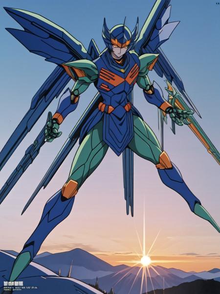 ReideenHawk orange eyes green eyes armor v-fin wings