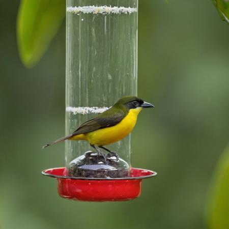This is a high-resolution photograph of a small, brightly colored bananaquit bird perched on a red, glass feeder. The bird has a striking yellow belly, olive-green back, and black head with white streaks. Its sharp beak is partially inserted into the feeder. The background is a blurred mix of green foliage, providing a natural setting.