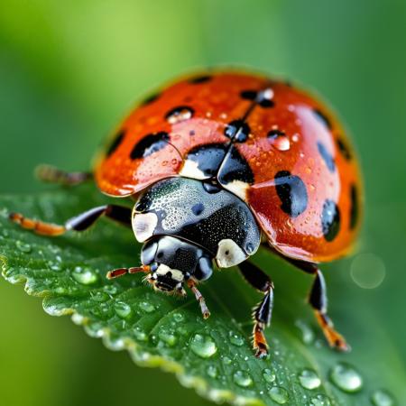Close-up of a ladybug, vibrant red shell with black spots, droplets of morning dew on its back, detailed texture of a green leaf, soft sunlight filtering through, background of a blurred garden.