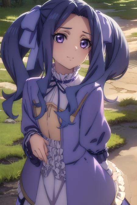 meltyqmelromarc, <lora:melty q melromarc s3-lora-nochekaiser:1>,
melty q melromarc, long hair, ribbon, twintails, blue hair, (purple eyes:1.1), hair ribbon, purple ribbon, (parted bangs:1.5), smile,
BREAK long sleeves, dress, frills, ribbon trim, purple dress,
BREAK outdoors, forest, nature, sun, sky, trees, clouds, grass,
BREAK looking at viewer, (cowboy shot:1.5),
BREAK <lyco:GoodHands-beta2:1>, (masterpiece:1.2), best quality, high resolution, unity 8k wallpaper, (illustration:0.8), (beautiful detailed eyes:1.6), extremely detailed face, perfect lighting, extremely detailed CG, (perfect hands, perfect anatomy),