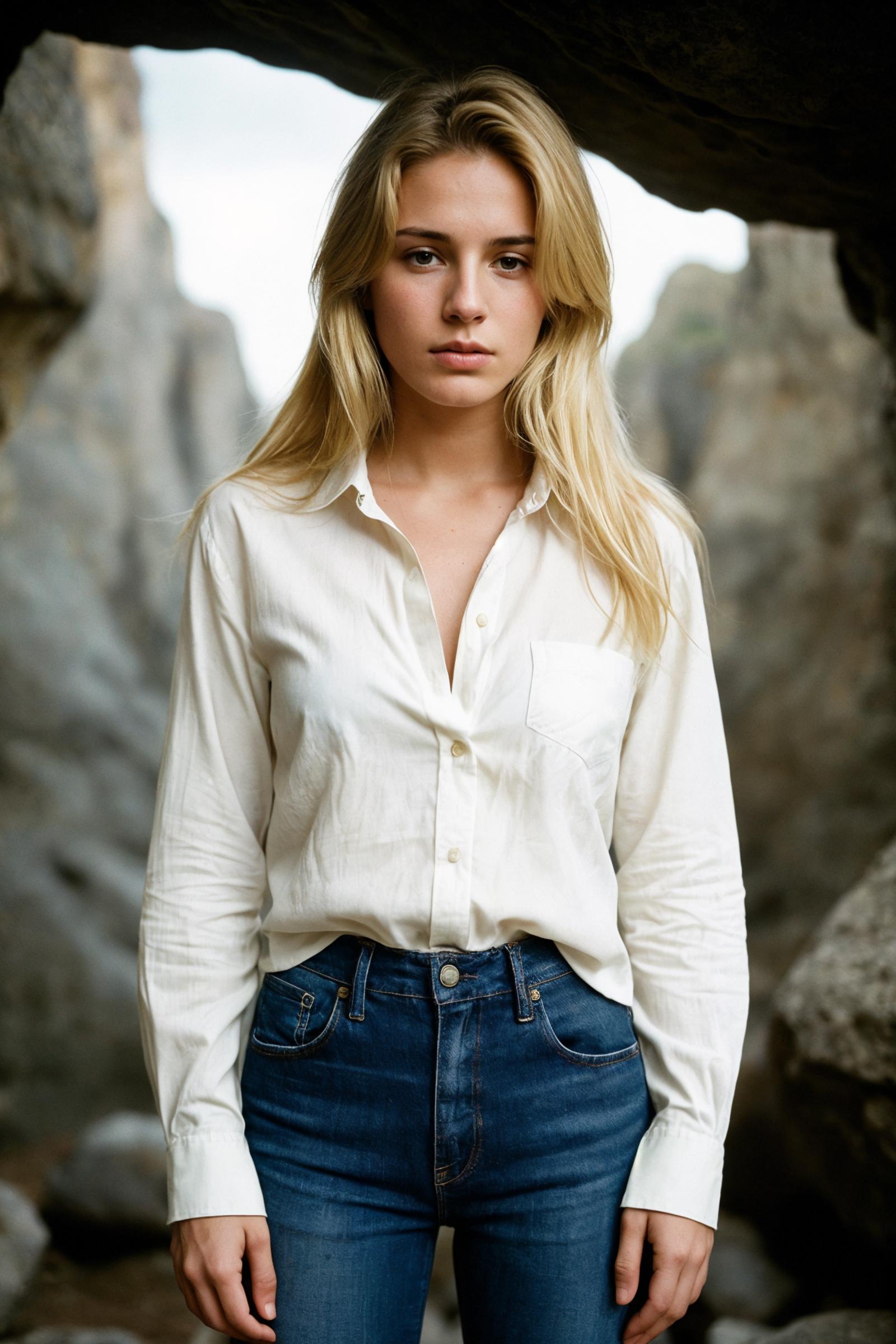 A woman wearing a white shirt and blue jeans.