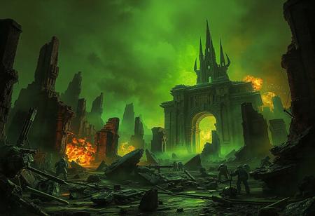 (((score_9), score_8_up), score_7_up),(HD, perfect quality, 16k, very detailed)), 1faeron, in ruins of necron city, explotions, (warhammer 40k, ruins)), ruins, green glow, green theme, war in the sky, backlighting,