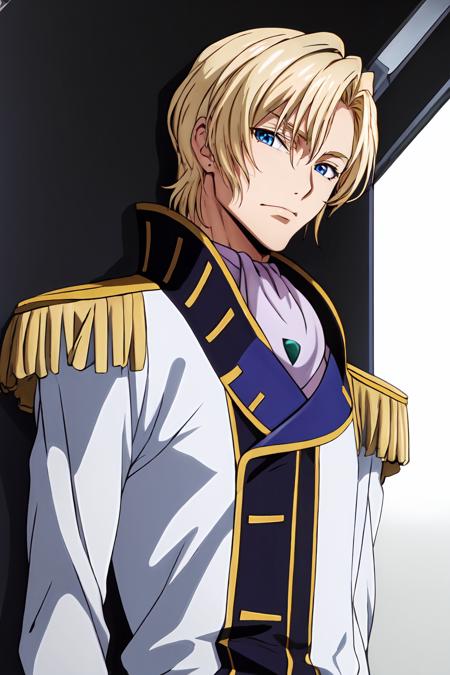 (masterpiece, best quality:1.2), highres, anime screencap, anime coloring, 1boy, solo, male focus, 
Schneizel_ELB_V1, mature male, blonde hair, short hair, bangs, blue eyes, (small eyes:1.2), 
military, military uniform, ascot, brooch, epaulettes, 
looking at viewer, facing viewer, portrait, 
<lora:add_detail_CyberAlchemist:0.4>, <lora:GoodHands-beta2:0.8>, <lora:SchneizelELBV1-000010:0.8>