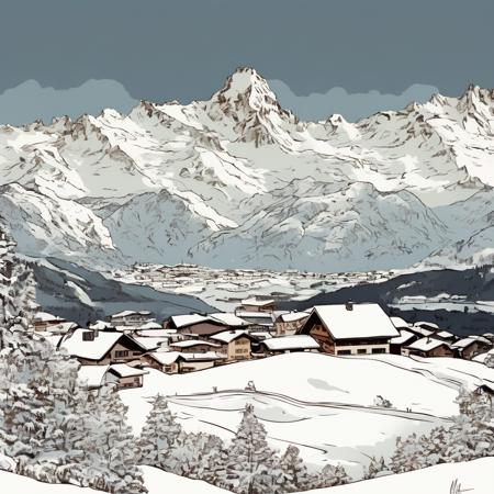 A panoramic landscape of the Swiss Alps covered in snow, cartooneffects four,<lora:Cartooneffects_Four_SDXL_V1:1>