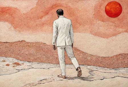 old book style ink illustration, on parchment, ink splashes, ink stains, ink smears, faded ink,(Digital Art by Peter Doig and Andrea Pisano: 1.2), A French man in a white suit, dressed in pure white clothes, walking on the beach, (lightweight suit),noon, baked by the bright sun, red sand, the magical solar aesthetics of mosaic art, unconventional supreme masterpieces, exquisite details, intelligent atmosphere, and gentle atmosphere. (Balanced central component, :0.5)