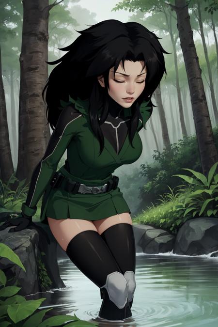 (masterpiece, best quality:1.2), <lora:cheshire:.9>, cheshire, 1girl, solo, black hair, green eyes, belt, hair tubes, long hair, breasts, large breasts, gloves, cosplay, black gloves, bodysuit, thighhighs, closed eyes, water, outdoors, nature, bent over, leaning forward, day, forest,