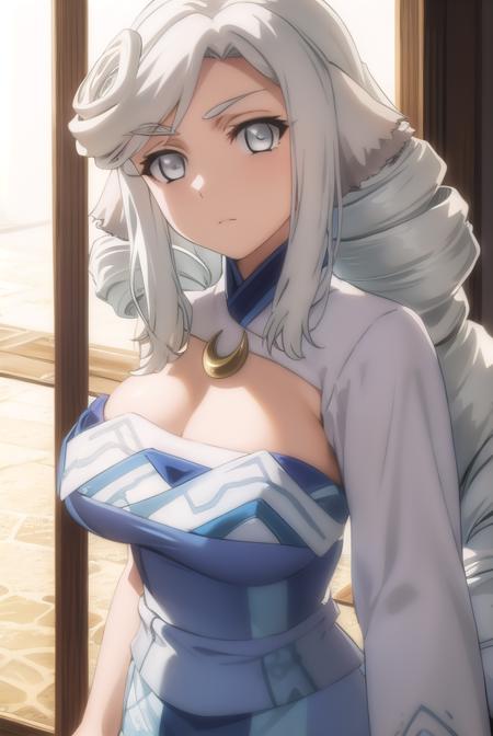 munechika, long hair, animal ears, white hair, (grey eyes:1.5), drill hair, sidelocks, cleavage, dress, crescent,