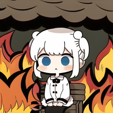 thisisfine, 1girl, surrounded by fire, fire, cute expression, :S, vector, white short tousled hair, short twintails, detailed eyes