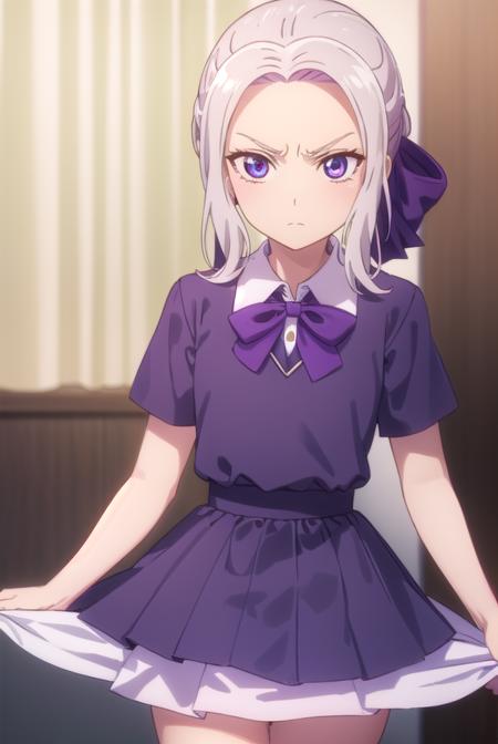 shinokiryuu, <lora:shino kiryuu s2-lora-nochekaiser:1>,
shino kiryuu, (purple eyes:1.1), white hair, hair bow, purple ribbon, frown, angry, (flat chest:1.2),
BREAK skirt, shirt, bow, school uniform, white shirt, short sleeves, pleated skirt, bowtie, blue skirt, 
BREAK indoors, classroom,
BREAK looking at viewer, (cowboy shot:1.5),
BREAK <lyco:GoodHands-beta2:1>, (masterpiece:1.2), best quality, high resolution, unity 8k wallpaper, (illustration:0.8), (beautiful detailed eyes:1.6), extremely detailed face, perfect lighting, extremely detailed CG, (perfect hands, perfect anatomy),