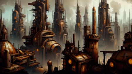 RAW Photo of worldofscrap a city park under an overcast sky, city skyline in the distance, corroded, broken, junker <lora:WorldofScrap:1><lora:add_detail:0.6> <lora:LowRa:0.2>, (Masterpiece:1.3) (best quality:1.2) (high quality:1.1), depth of field,detailed background,8k,golden ratio,cinematic colors,masterwork,epic,concept art,film light,high quality