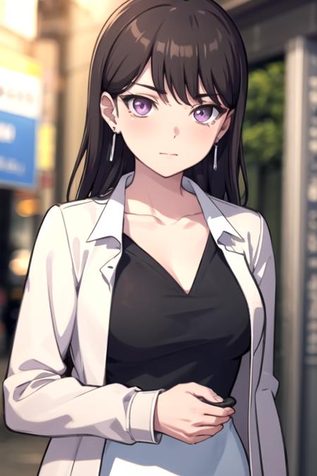 <lora:NotNiki-07:0.7 >,takimygo, 1girl, solo, long hair, looking at viewer, brown hair, shirt, black hair, jewelry, closed mouth, purple eyes, collarbone, jacket, white shirt, upper body, earrings, open clothes, collared shirt, open jacket, black shirt, blurry background, white jacket