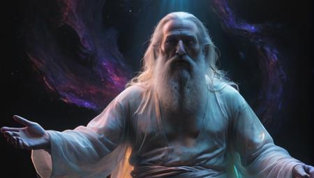 divine energy of the jewsih god, wearing ancient robe, all wise, all knowing, xray ((((TRANSPARENT see through ENERGY:2)))) of man with long beard, fatherly figure, as an etherial  translucent glowing awe-inspiring depiction of the Divine Presence, represented as an abstract form of light and energy at the center of the universe. This ethereal being radiates a spectrum of soft, luminous colors that gently illuminate the cosmos around it, casting serene and harmonious light across swirling galaxies and celestial bodies. The scene blends elements of photorealism, ethereal, sense of awe, epic composition, cinematic lighting, and vibrant to create a transcendent, spiritual visual that respects the mystical and indescribable nature of the divine. an image of a man , epic shamanic dmt art, quality astral projection render, sculls, energy, bony, colorful muscular eldritch, nick land, clothed in ancient, astral nebula, healing energy, edge of nothingness love, salvia, lich
 <lora:Artistic Image Enhancement v1.1 Lite:.5> <lora:IOS_Iridescent_opal_style:.3>, award winning photograph + cinematic shot + photos taken by ARRI 65 + incredibly detailed, sharpen, details + professional lighting, photography lighting + 50mm, 80mm, 100m + lightroom gallery + behance photographys + unsplash, global illumination, epic award winning photograph (subsurface scattering:1.3), intracate details, ambient occlusion, global illumination, realism, hyper realistic, hyper detailed