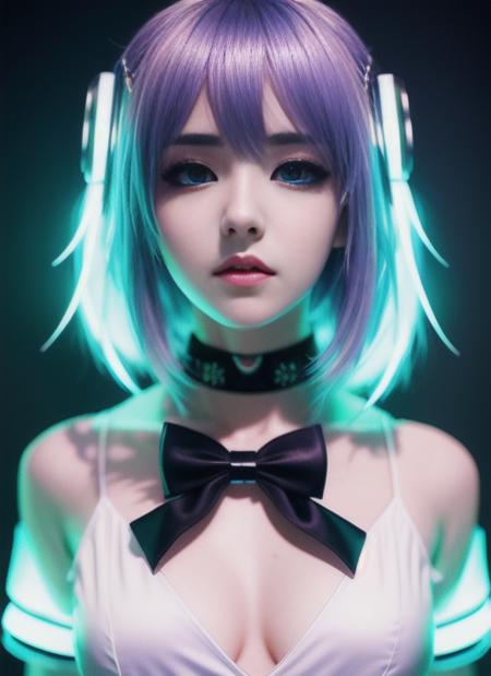 masterpiece, best quality, beautiful detailed girl, beautiful detailed glow, detailed ice, beautiful detailed water, beautiful detailed eyes, expressionless, floating palaces, azure hair, disheveled hair, long bangs, hairs between eyes, skyblue dress, black ribbon, white bowties, midriff, half closed eyes, big forhead, blank stare, flower, large top sleeves,guweiz,nixeu,wlop, cyborg, cyberpunk, neon lights